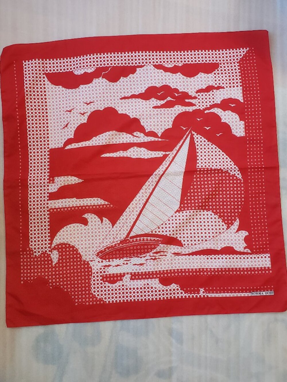 Rare vintage Norma Dori Red and White Sailboat print scarf Italy